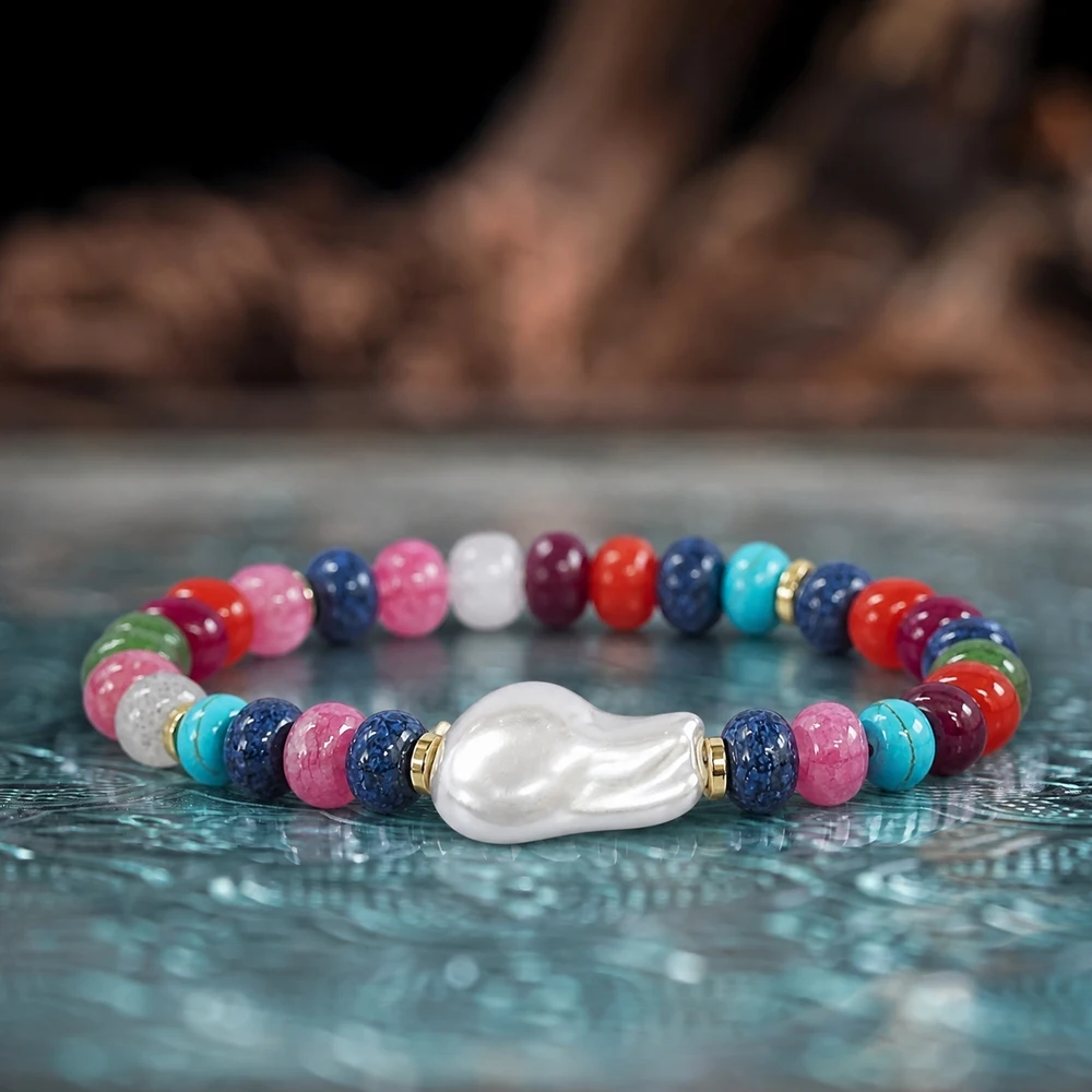 1pc Women's Trendy Multicolor Acrylic Beaded Strand Bracelet with Irregular Center Bead Gold Tone Spacers 17.5cm