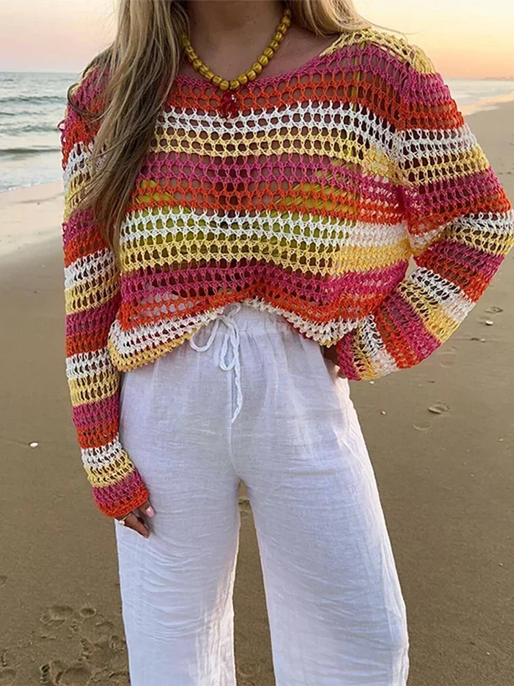 

2024 Women's Loose O-neck Long Sleeved Fashionable Casual Pullover Striped Shirt Women's Colorful Beach Top