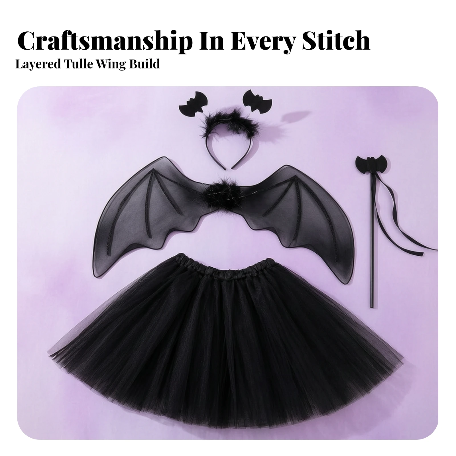 4 Pieces Tutu Costume Set with Nocturnal Flying Mammal Wings Comfortable Nocturnal Flying Mammal Wing Costume Set High-Quality