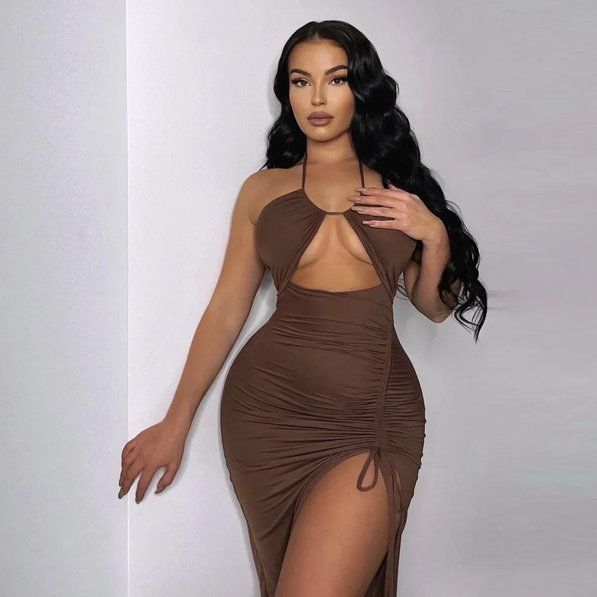 Caliente verano Sexy Halter espalda descubierta sin mangas recortado Maxi Vestido para mujeres elegante Club fiesta vestidos con abertura Vestido