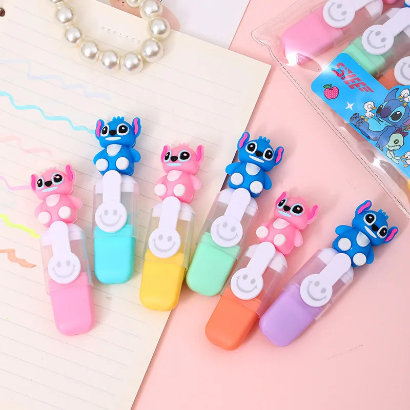 6pcs Disney Anime Lilo And Stitch Bagged Mini Highlighter Cartoon 6color Diy Handbook Pen Cute Student Marker Stationery Gift