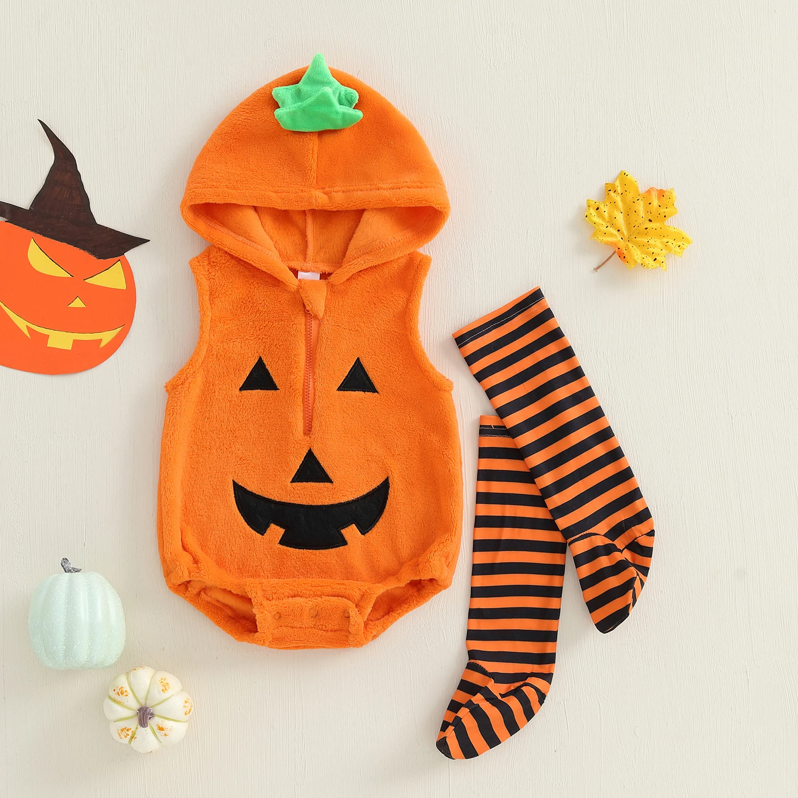 

Комбинезон с тыквой для малышей 0-18 месяцев, флисовый комбинезон без рукавов с капюшоном и полосатые чулки, комплект из 2 предметов, костюм на Хэллоуин