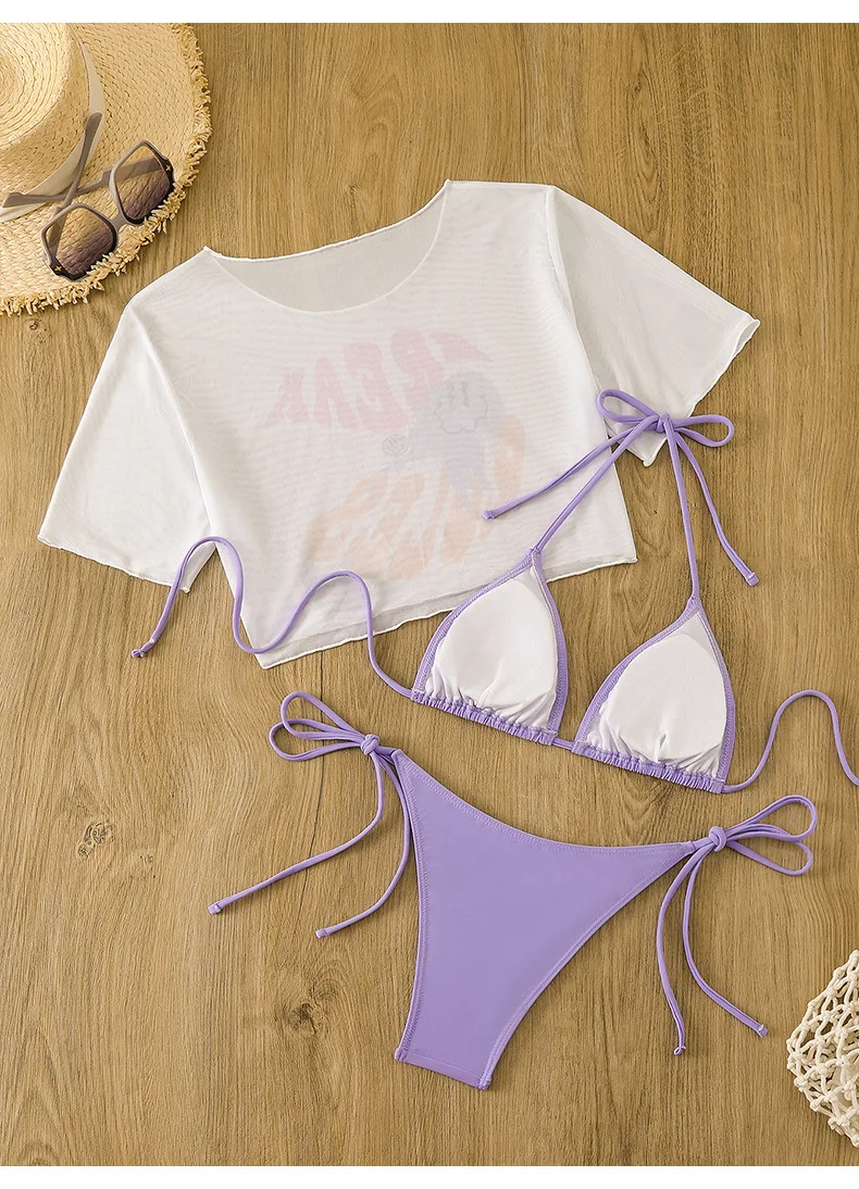 Sexy Dreieck Push Up Bikini 3-teiliger Badeanzug mit kurzen Ärmeln Mesh Cover Up Sommer Side String Badeanzüge Mesh Beach Wear