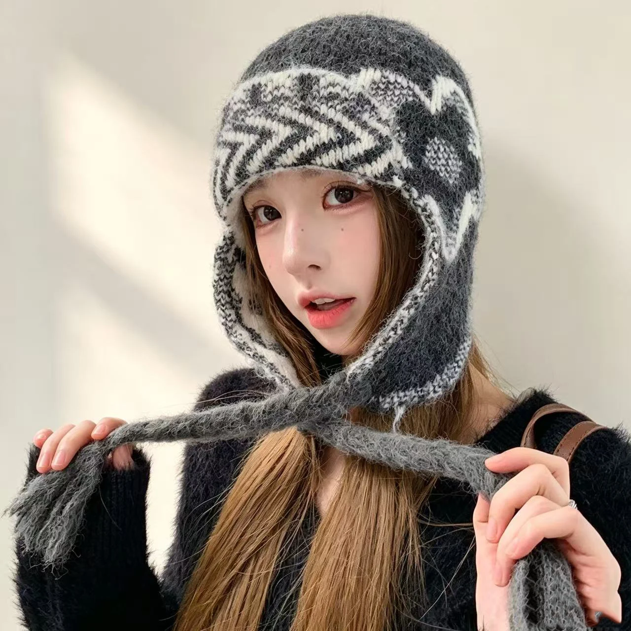 Women's Winter New Fashion Jacquard Knitted Trapper Earflap Hat Outdoor Warm Wool Blended Hat Ski Windproof Ear Protectors Hats