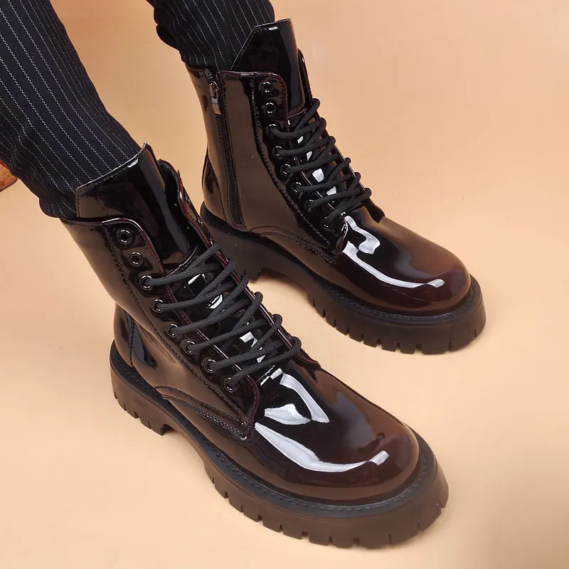 mens luxury fashion high motorcycle boots patent leather shoes party nightclub dress cowboy platform boot cool long botas hombre