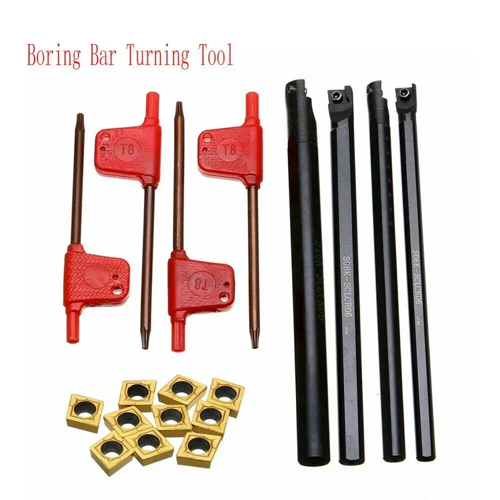 4Pcs 6/7/8/10mm Shank SCLCR06 Lathe Turning Tool Holder Boring Bar Lathe Tools Turning Rod With 10Pcs CCMT060204-HM Insert