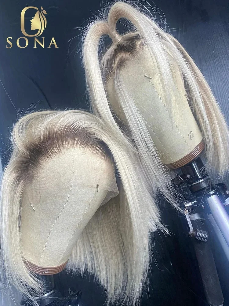 Colored Dark Root White Platinum Ash Blonde Straight Bob 13x6 13x4 Lace Frontal Wig Human Hair Pre Plucked Brazilian Remy Wig