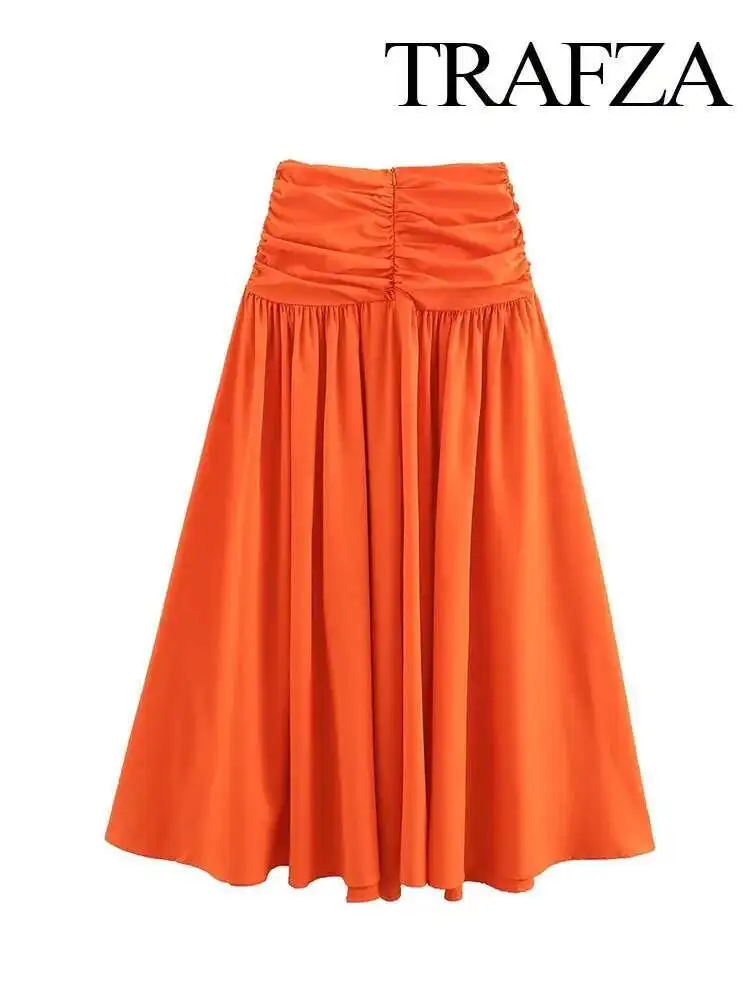 

New Summer Women Fashion High Waist Pleated Metal Buckle Decoration Hem Slit Casual Solid Color Sexy Party Wear Zipper Skirt