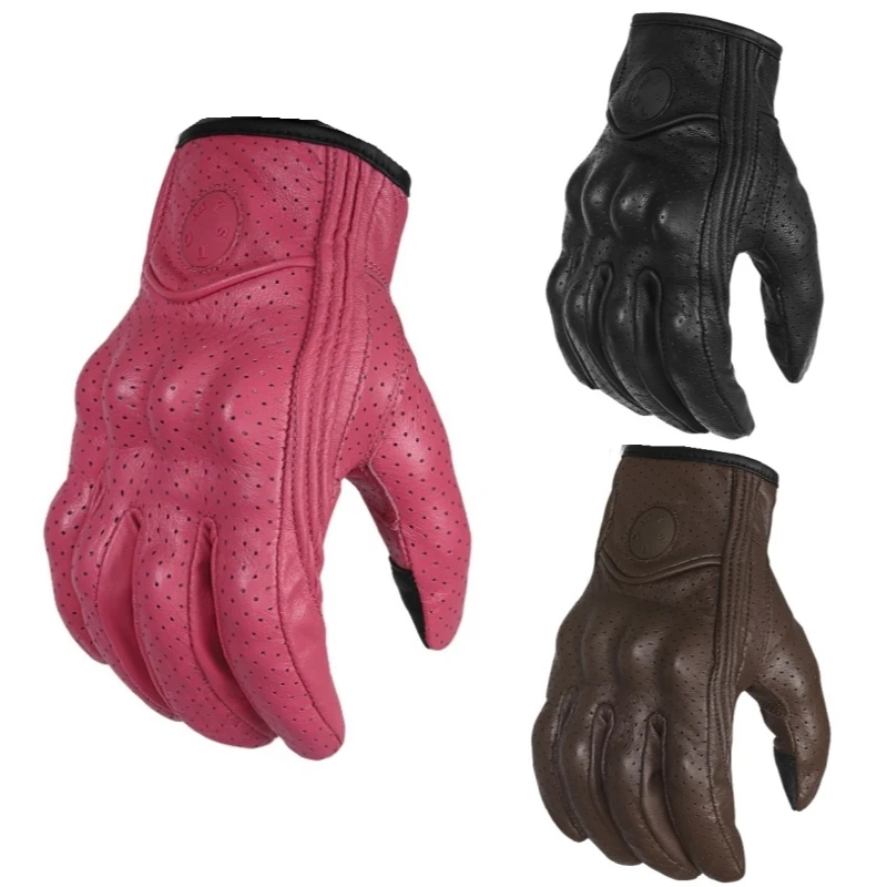 SUOMY Vintage Leather Motorcycle Gloves Perforated Breathable Touch Screen Motorbike Gloves Retro Motorcross Moto Biker Gloves