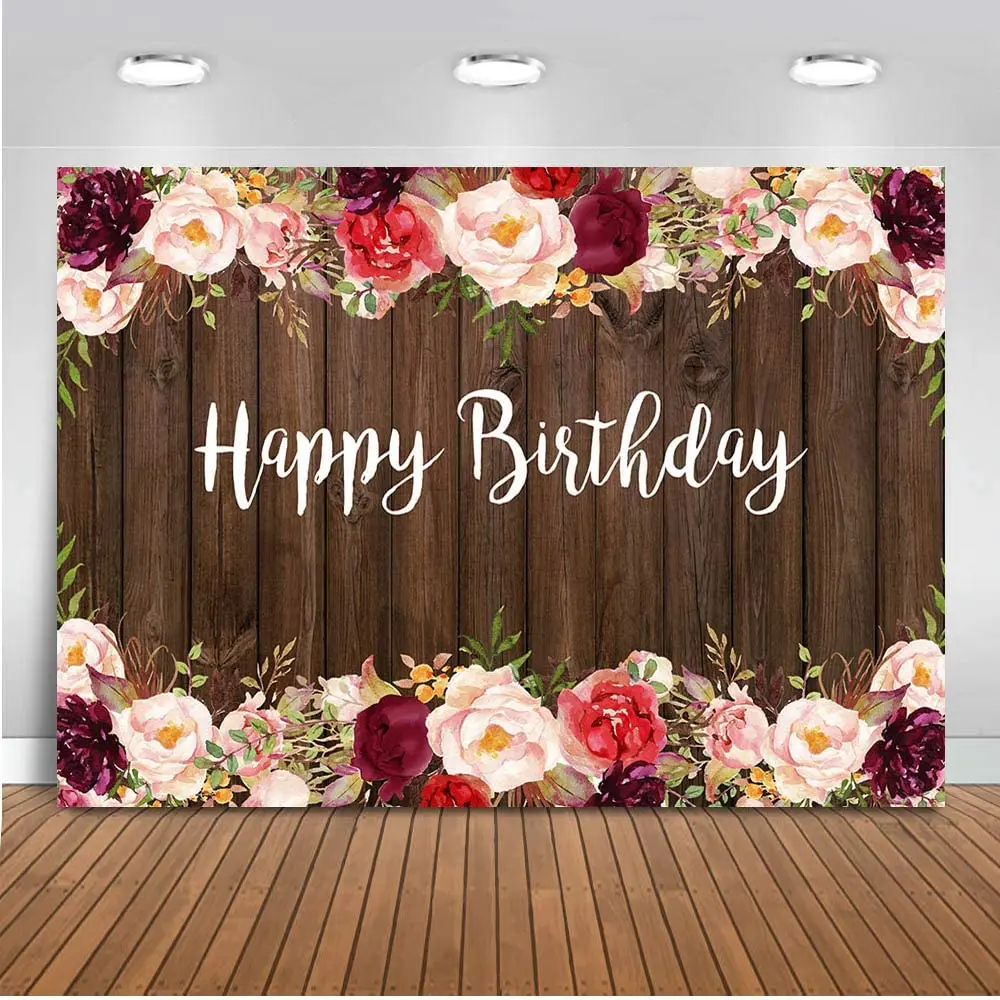 Happy Birthday Photography Backdrop For Woman Rustic Brown Wood Floral Birthday Party Decor 30th 40th 50th 60th Bday Background