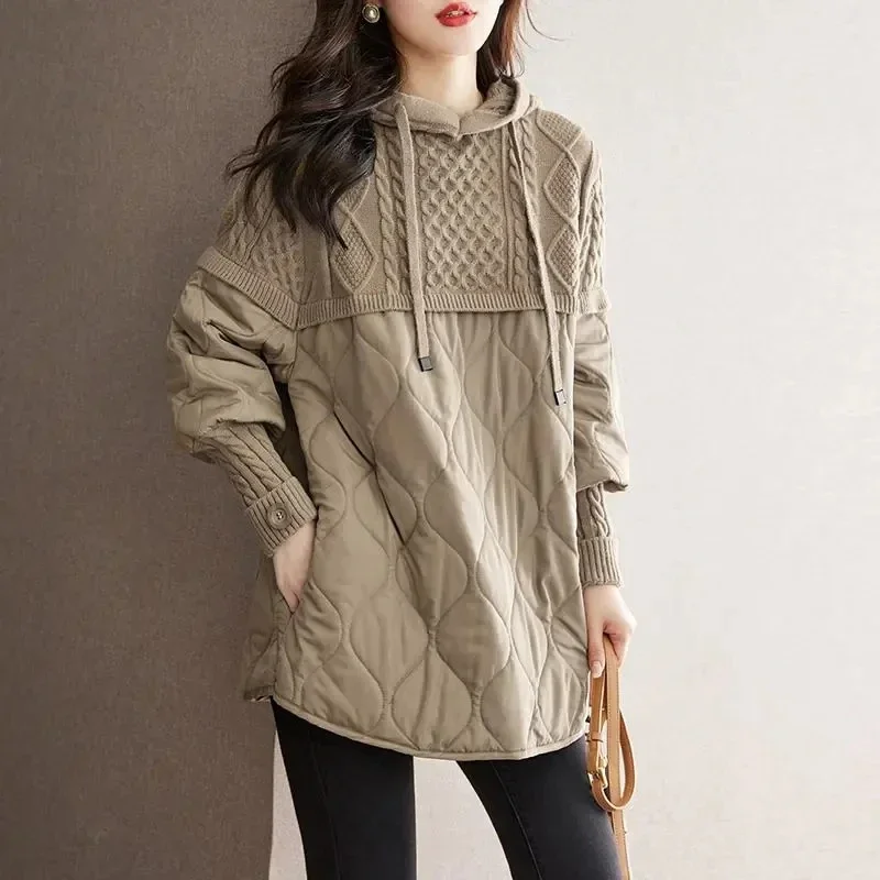 Women\'s Winter Parka 2024 Splicing Temperament Fashion Down Cotton Jacket Ladies Coat Knitting Appear Thin Hooded Female Jacket