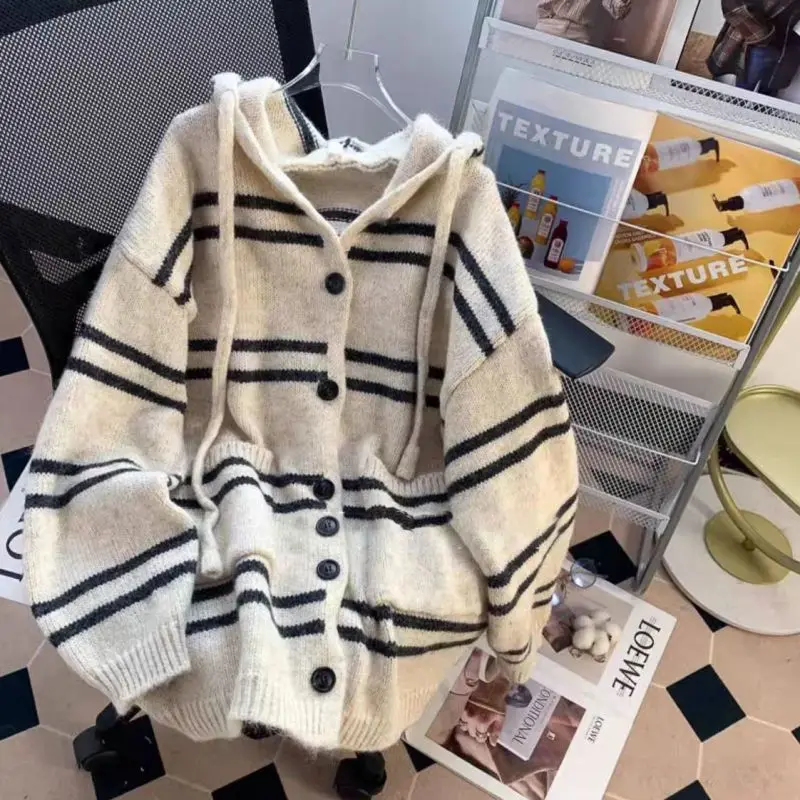 

Loose and Comfortable Hooded Striped Long Sweater Cardigan Women 2024 New Style Coat Autumn Plus Size Casual Women Cardigan