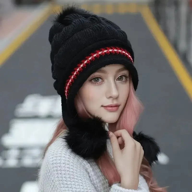 Winter Knit Hat Without Gloves Set with Ear Flaps - Cozy Fleece-Lined, Thickened Warmth for Outdoor Cycling
