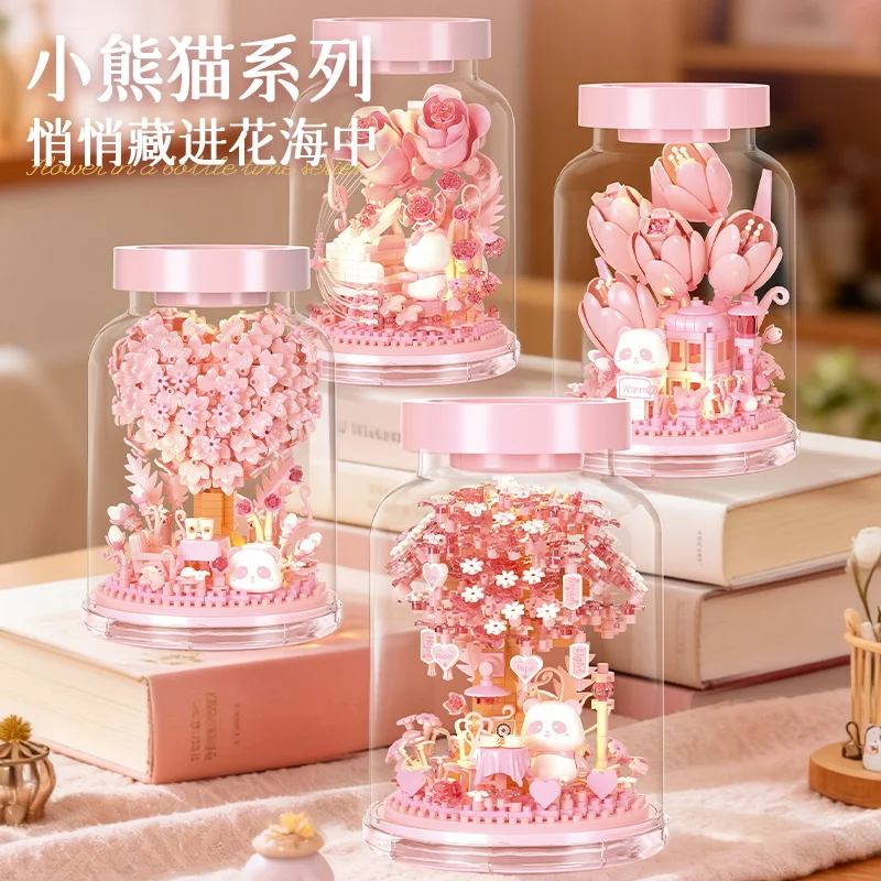 New Design Romantic Lighting Vase Building Blocks Set Flowers Blocks Girls Toys Desktop Ornaments Valentine's Day Gifts