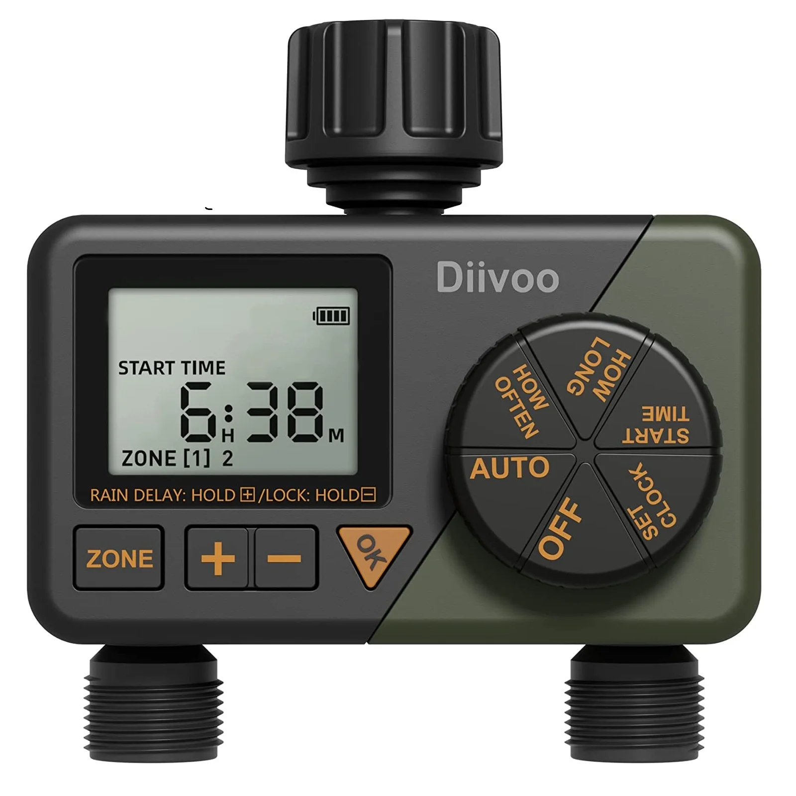 

Diivoo Sprinkler Water Timer 2 Zone, Automatic Irrigation Timer with Rain Delay/Manual/Auto Mode, Programmable Water Hose Timer