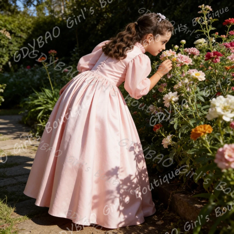 

Pink Flower Girl Dress for Wedding Party Toddlers High Neck Balloon Sleeves Ball Gown Pleated Satin First Communion Dress Custom