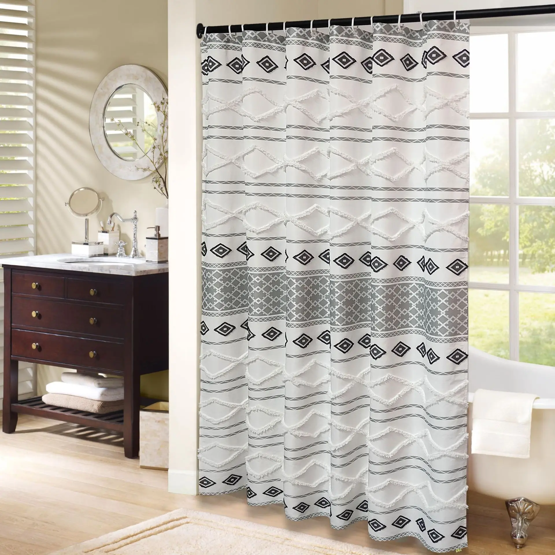 Waterproof Boho Tufted Shower Curtain Extra Wrinkle Free Ultra Thick Cotton Linen Rustic Cottagecore Bath Curtains
