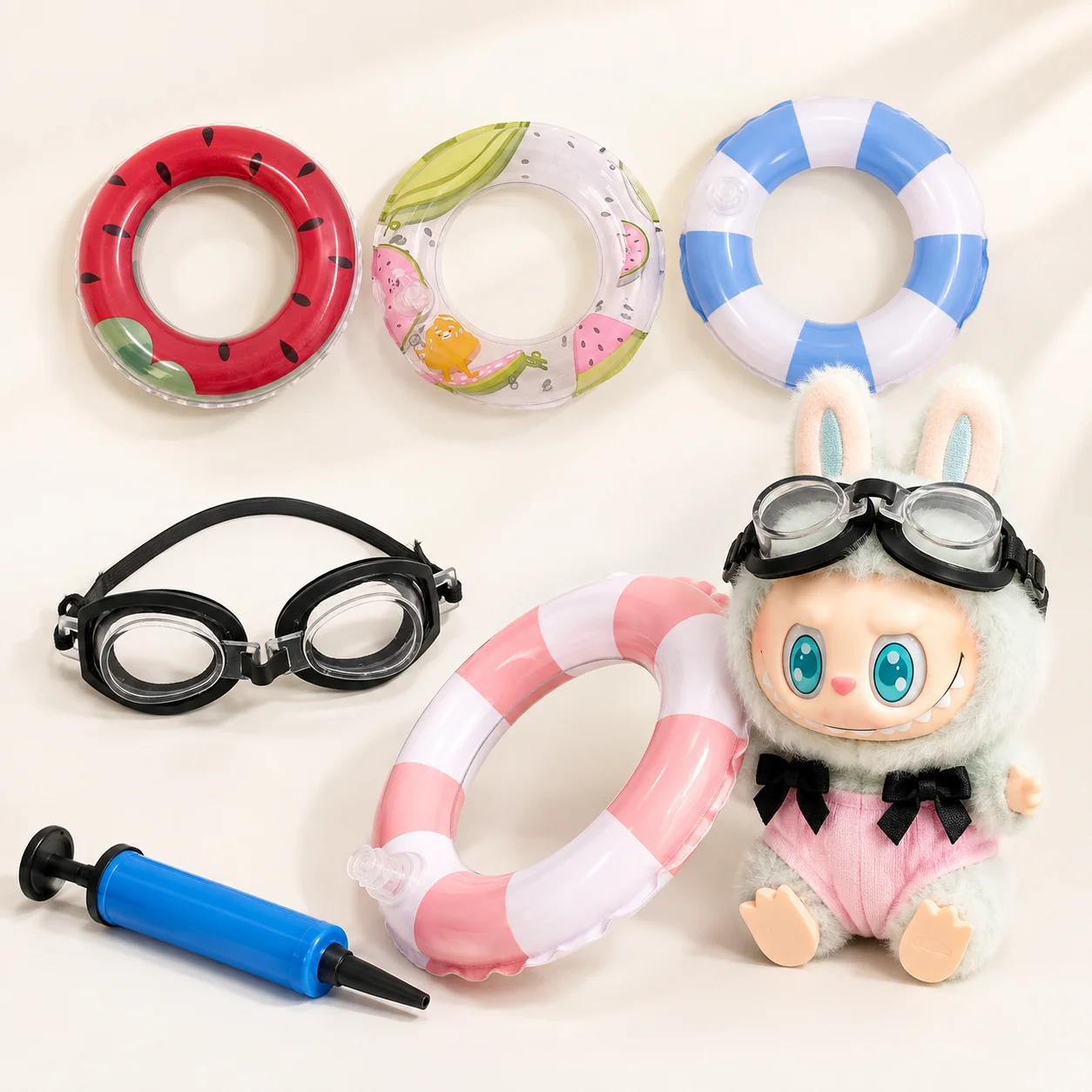 Cute Mini Swimming Ring for 15-17cm Labubu Doll Goggles Air Pump Pool Float Accessories Toy Figure Summer Gift Collectible Decor
