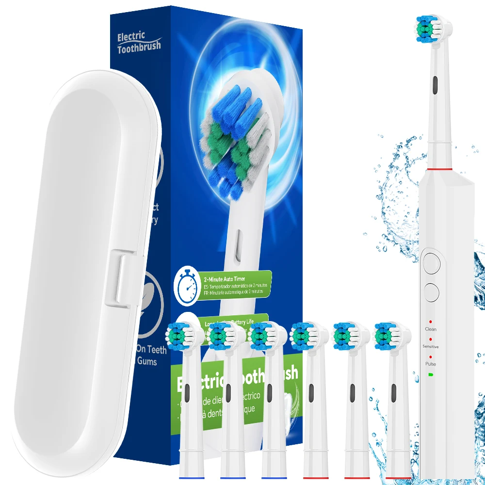Spazzolino elettrico ricaricabile - 3 modalità, 6 testine e custodia da viaggio per viaggi, uso domestico, compatibile con testina Oral B