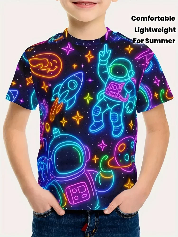 2026 New Kids' Neon Space Astronaut Print T Shirt Crew Neck Short Sleeve Galaxy Casual Streetwear Tee Children Clothes