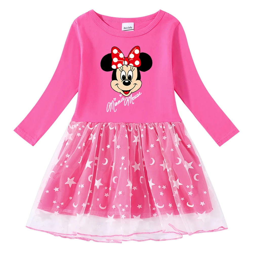 

Disney Girls Dress Spring Autumn Minnie Pattern Clothes Mickey Children Wear Splicing Lace Mesh Princess Long Sleeve Dresses