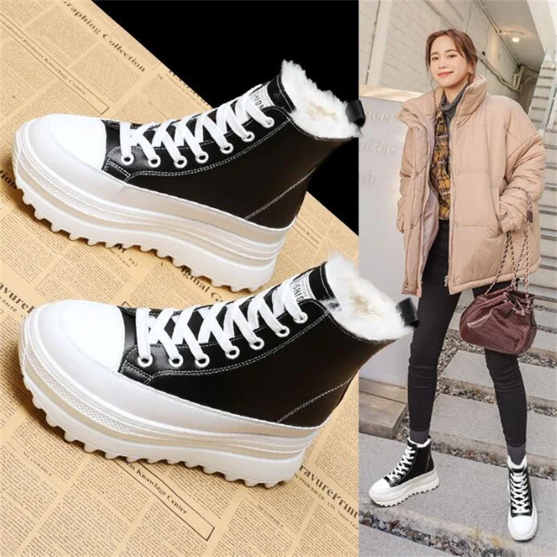 7cm in pelle di mucca grosso Sneaker stivaletti alla caviglia piattaforma donna alta marca inverno peluche mocassino caldo autunno primavera scarpe