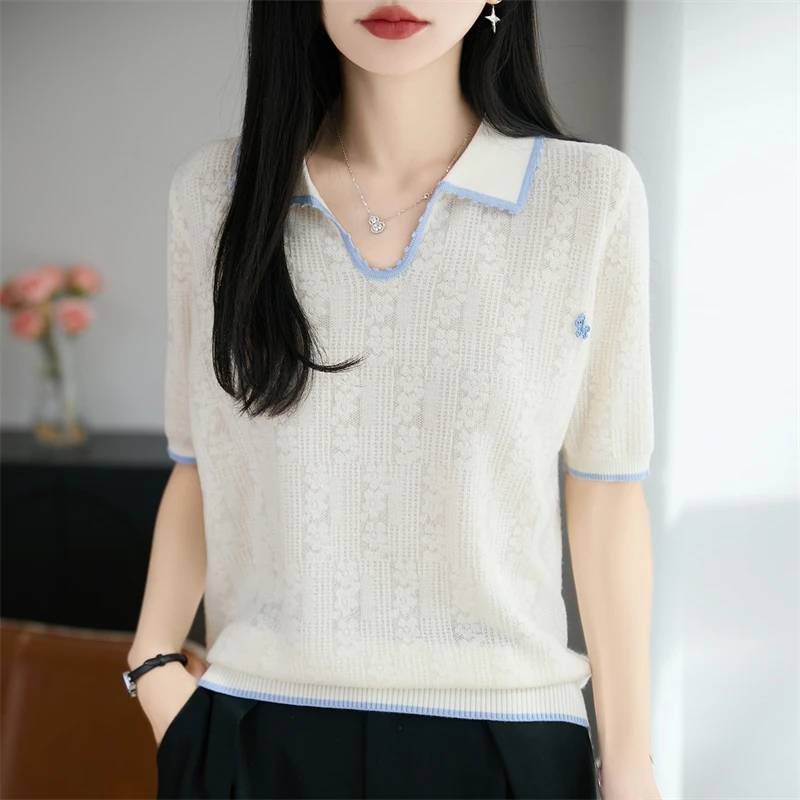 Knitted Soft T-shirt for Women's Summer New Color blocked V-neck Embroidered Thin Top, Casual Fashion Short Sleeve