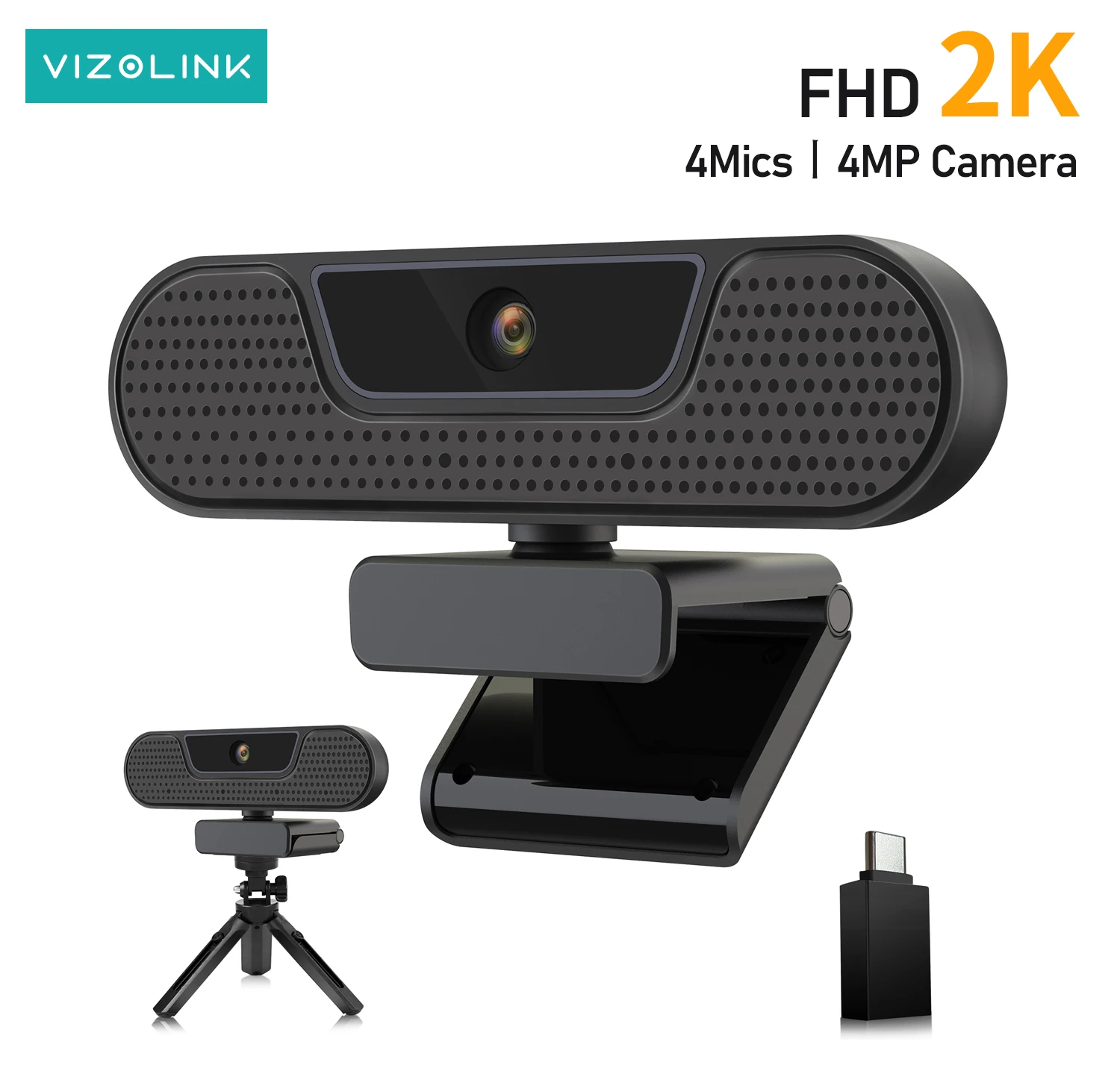 VIZOLINK 2K USB Webcam PC Webcam 1080P 60FPS Auto Focus Light Correction Plug & Play 65° View Video Call Conference Camera