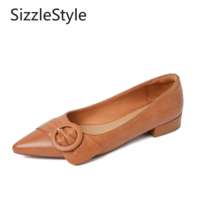 

Fashionable Vegetable Tanned Leather Pointed Toe Shallow Comfortable Low Heel Buckle Decorative Slip-on Shoes for Women