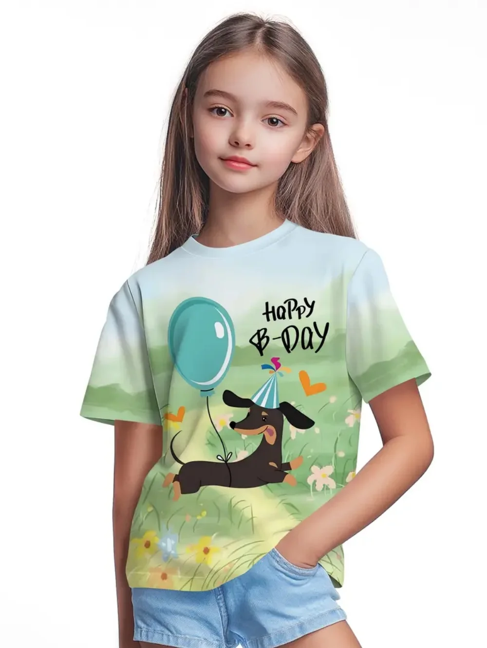 

Girl's T-Shirt Cute Sausage Dog Print Summer Short Sleeve Casual Girls Clothes Street Trendy Top Comfortable Children's Clothing