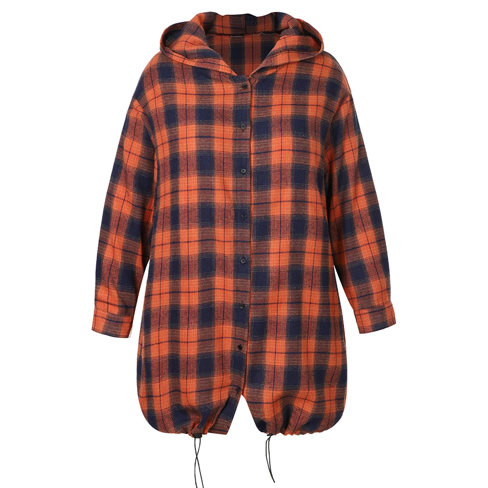 Harajuku Plaid Shirt Hooded Streetwear Women Plus Size Long Sleeve Coat Top Autumn Fashion Korean Style Loose Y2k Casual Clothes