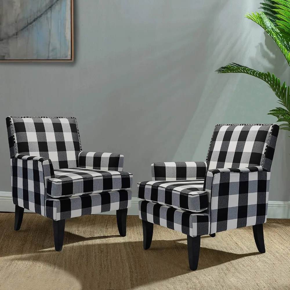 

Pair of Modern Farmhouse Style Accent Chairs, High Back with Buffalo Plaid Pattern, Wooden Legs and Nail Head Trim, Comfortable