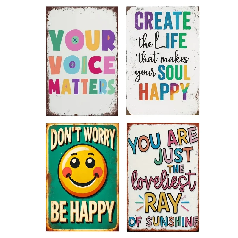 4pcs Positive Inspirational Quote Vintage Metal Signs, Colorful Motivational Wall Art, Don'T Worry Be Happy Room Decor