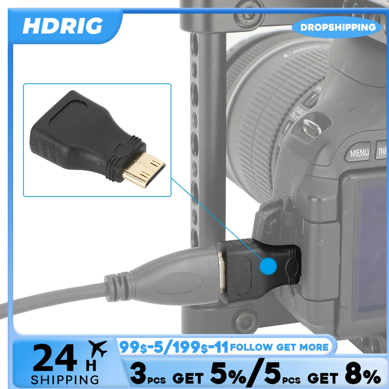 HDRIG HDMI Female to Mini HDMI Male Adapter 1080 P 2K 4K FOR MINI PC HDTV HD CAMERA Gold-Plated Connectors Low-Profile Design