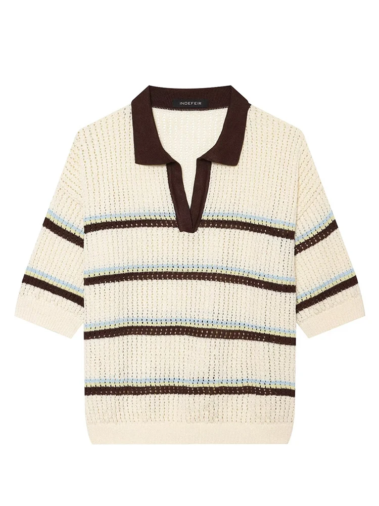 HH Women's Crochet Knit Polo Top Striped Short Sleeve V Neck Sweater Spring Summer Lightweight Casual Shirt for Beach Holiday