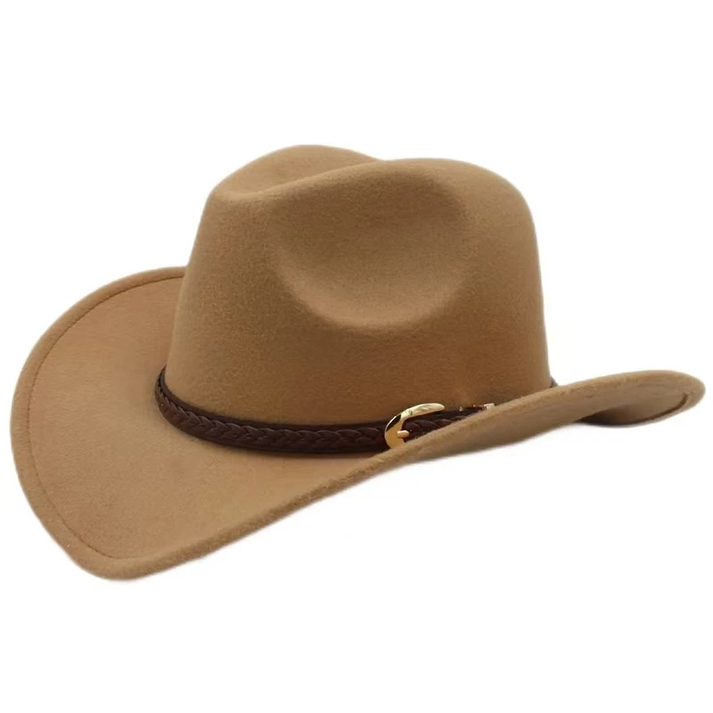 Coffee Leather Band Vintage Parent-child Women Men /Kid Child Wool Wide Brim Cowboy Western Hat Cowgirl Bowler Cap (56-58cm)