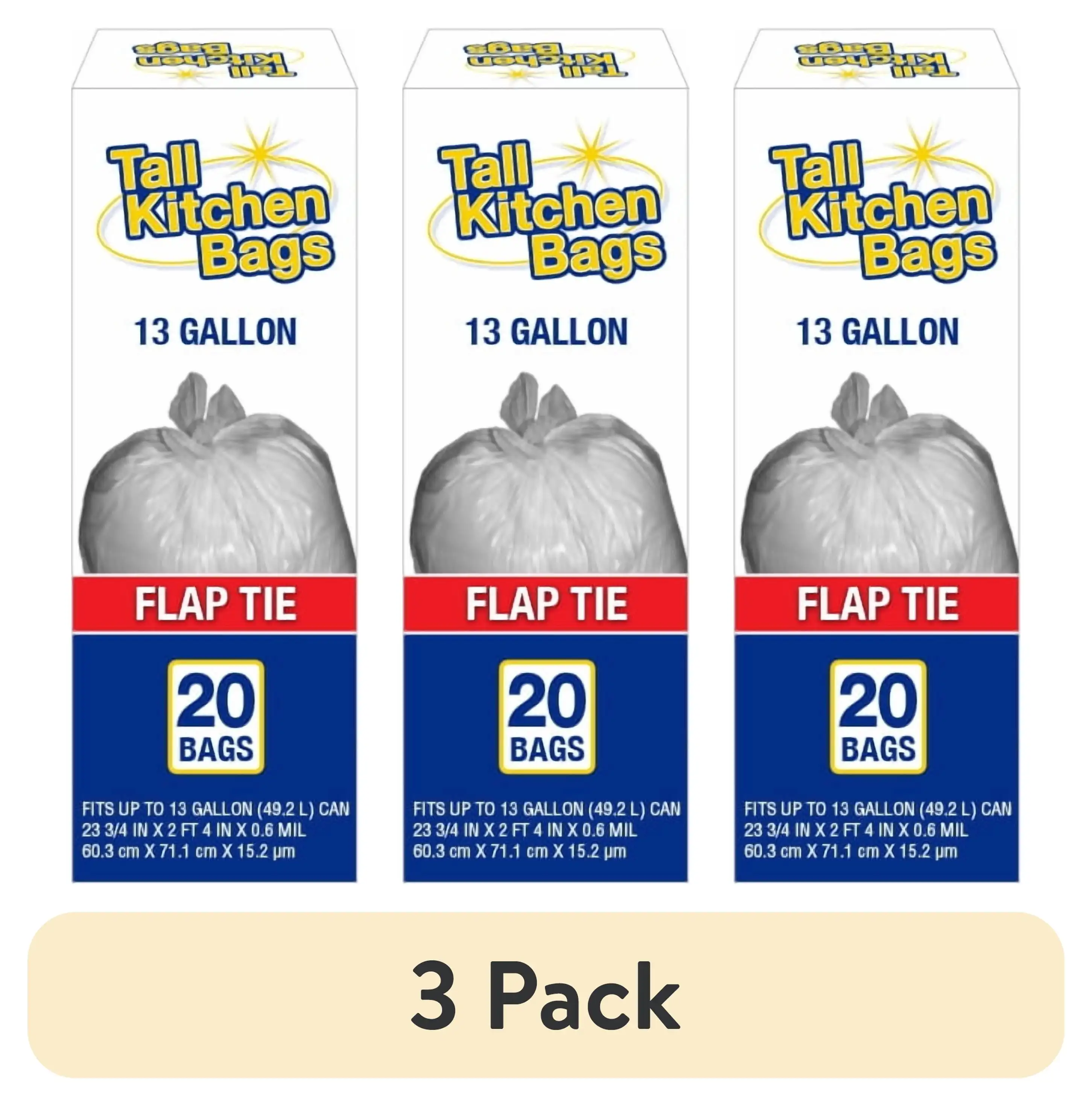 (3 pack)  Basic Kitchen Trash Bags, 13 Gallon, 20 Bags (Flap Tie)