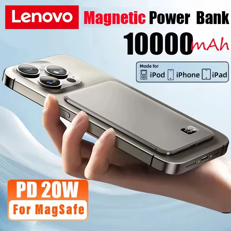 Lenovo 10000mAh Ultra Thin Power Bank for MagSafe Magnetic Wireless Fast Charging  Portable Battery For iPhone Xiaomi Samsung