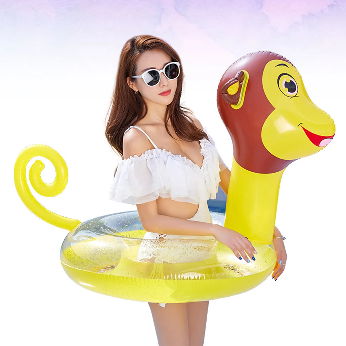 

1pc Cartoon Monkey Pattern Swimming Ring Adult Thickened Sequins Swim Ring Inflatable Water Playing Ring for Summer Pool