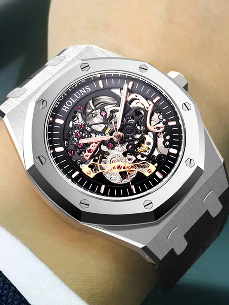 2024 automatic mechanical watch calendar watch silicone band hollowed out mechanical men\'s watch waterproof watch