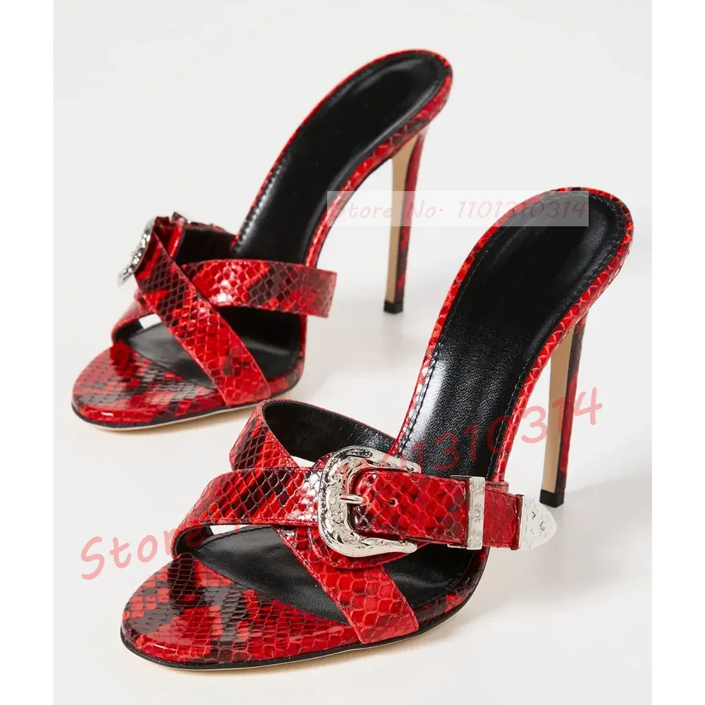 

Red Snake-embossed High Heels Slippers Women Crossed Straps Silver Buckle Slippers Ladies Western-inspired Party Casual Shoes