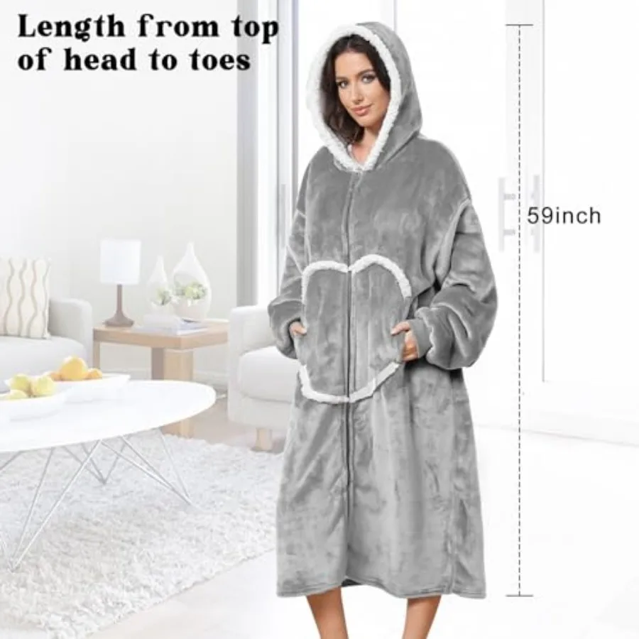 Oversized Wearab Blanket Hoodie, Cozy Flannel Blanket with Sleeves and Zipper for Women, Mens, Teens view 5