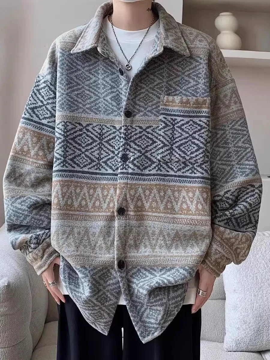 

Loose Fit Men's Jaet with Stand Collar Tassel Detail Spring 2025 Faion Trendy Large Size Woolen Coat Polyester Blend