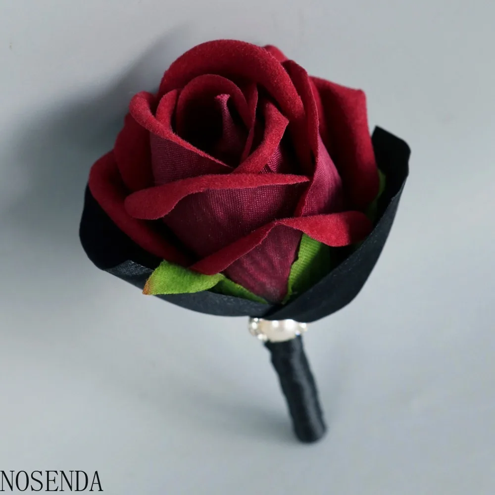Merah Marun Bunga Mawar Boutonniere Korsase Pernikahan Aksesoris Bunga untuk Pengantin Pria Boutonniere dan Wanita Mutiara Pergelangan Tangan Korsase
