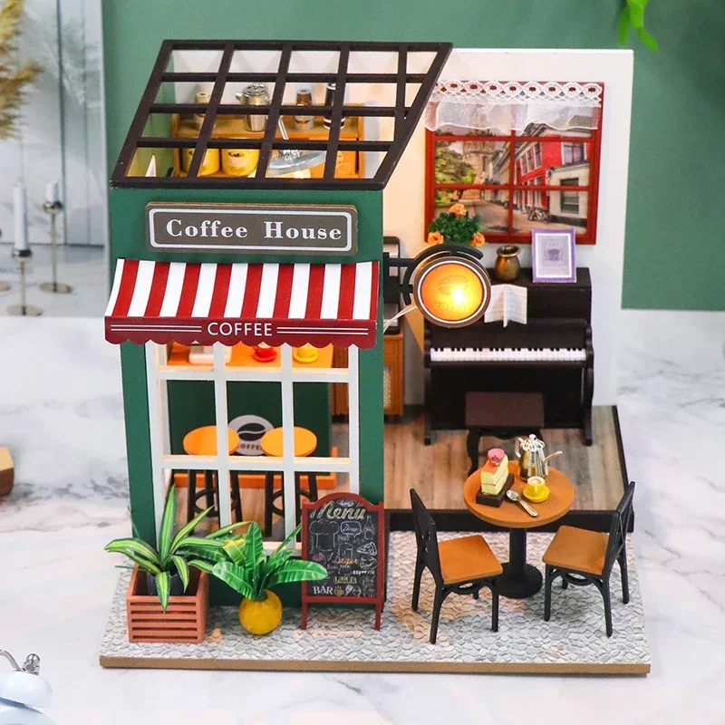 

Coffee Dollhouse with Furniture 3D Puzzle NEW DIY Wooden Doll Houses Afternoon Cafe Casa Miniature Model Kits for Friends Gifts