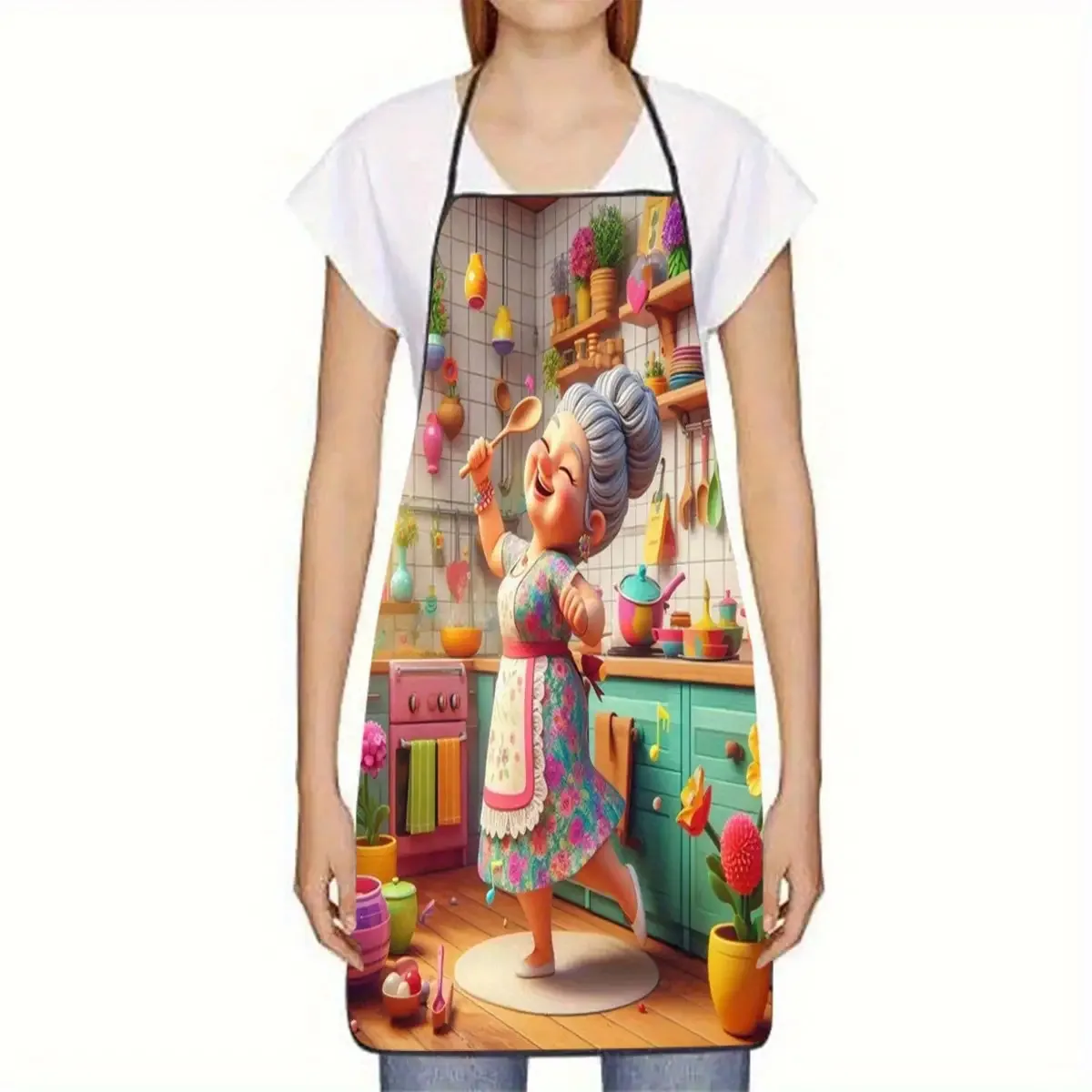 A Cheerful Grandmother Cooking Apron - Featuring a Joyful Kitchen Print Design with Floral Patterns -Perfect for Baking