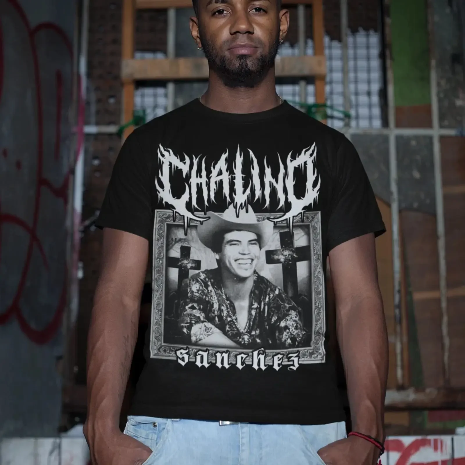 Chalino Sanchez Dark Metal Lettering T Shirt Fan vintage Washed graphic Stretched homme designer clothes Casual Versatile Soft