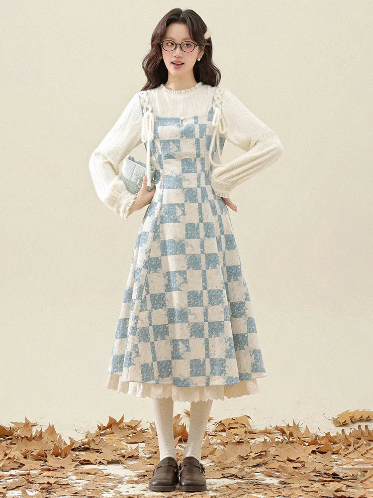 

Sweet Gentle Plaid Knitted Blue Dr Spring Season Fake Two-Piece Vintage Sle Polyester Cotton Blend Long Sve Zipper Ba