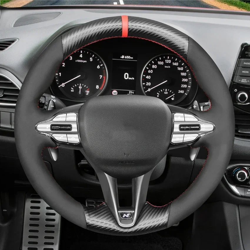 Black Artificial Suede Carbon Steering Wheel Cover For Hyundai Veloster N 2019-2022 i30 N i20 N 2017-2022 Elantra N Kona N 2022