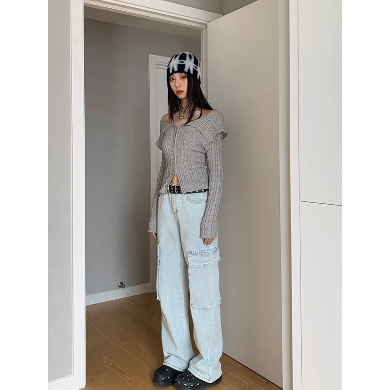 CTRLLOCK Chic Solid Color Slash Neck Off Shoulder Knitted Cardigan Slim Women Long Sleeve Zipper Open Stitch